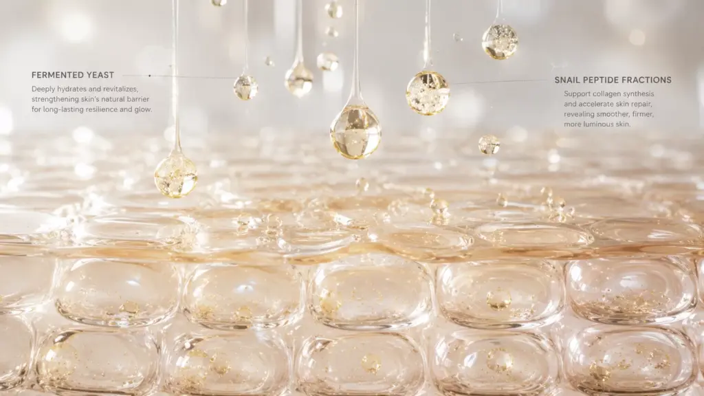 Best Korean Essence for Glass Skin: The Ultimate Cult-Favorites Ranked 3 A close-up scientific macro visualization showing how fermented active micro-molecules from the best korean essence penetrate deep cell layers to fix dry patches.