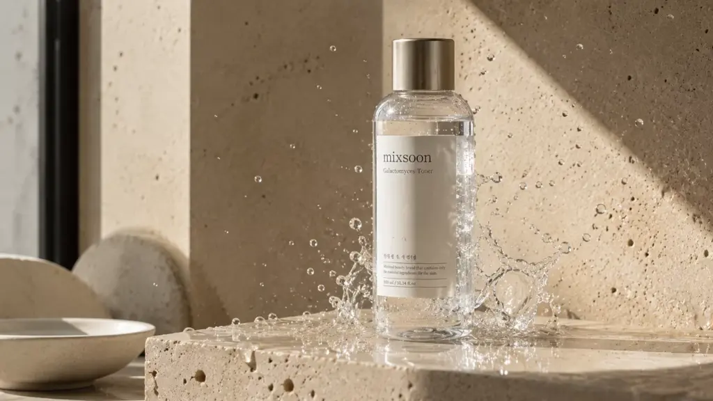 Best Korean Essence for Glass Skin: The Ultimate Cult-Favorites Ranked 2 A luxury clear glass bottle filled with a translucent fluid on a wet travertine stone platform, representing the best korean essence for maximum moisture density.