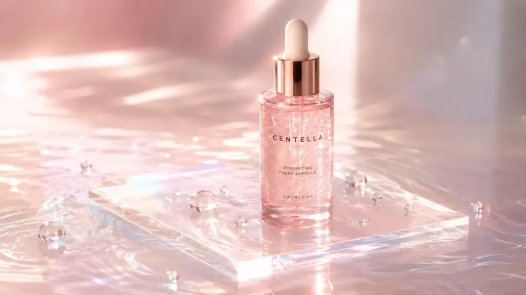 Best Korean Serum for Hyperpigmentation: Fade Dark Spots Without Irritation 2 A luxury clear glass dropper bottle with an iridescent pink serum on a wet platform, representing the best korean serum for erasing dark spots without irritation.