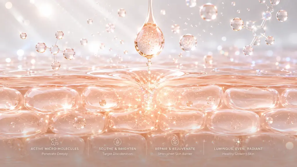 Best Korean Serum for Hyperpigmentation: Fade Dark Spots Without Irritation 3 A clinical macro visualization showing active ingredients from the best korean serum gently calming melanocytes to stop dark spot formation.