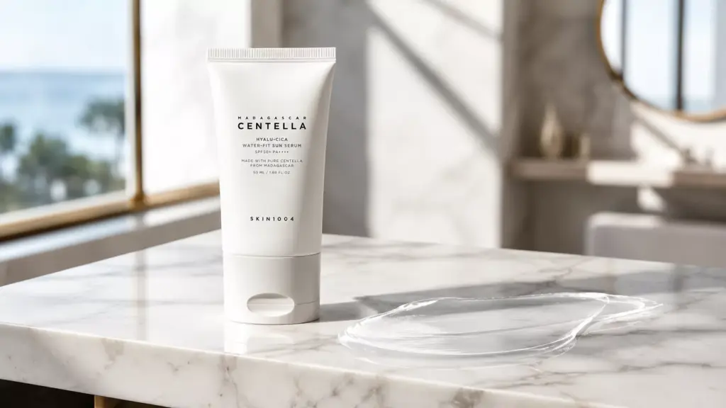 Best Korean Sunscreen for Glass Skin: No White Cast & No Pilling Under Makeup 2 A luxury white sunscreen tube on a clean, sunlit marble vanity with a glossy, fluid cream smear, illustrating the best korean sunscreen with zero white cast.
