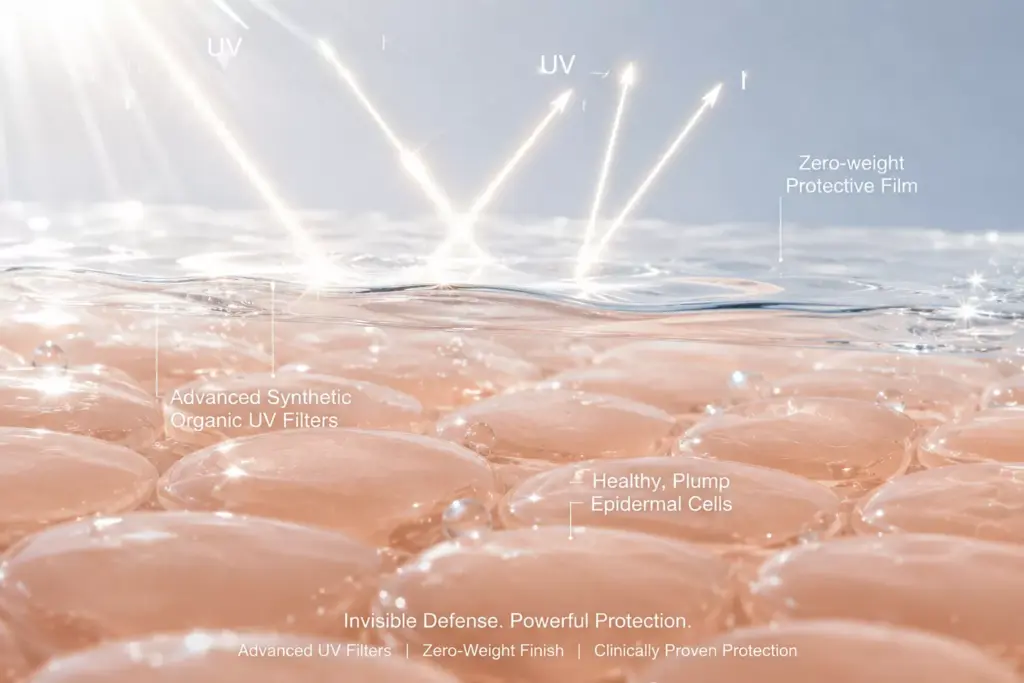 Best Korean Sunscreen for Glass Skin: No White Cast & No Pilling Under Makeup 3 A scientific macro illustration showing a protective broad-spectrum shield forming cleanly over a healthy epidermal matrix, showcasing the best korean sunscreen layering without product pilling.