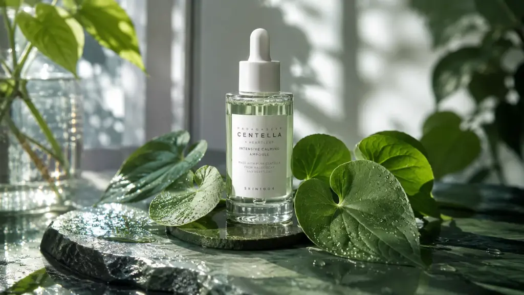 Emergency SOS Korean Skincare Routine: How to Calm a Broken Barrier in One Week 2 A luxury clear glass dropper bottle with raw green heartleaf and centella leaves on a wet stone slate, showcasing an emergency korean skincare routine.