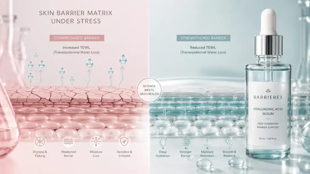 Is Your Hydration Backfiring? The Truth About Hyaluronic Acid Molecular Weight 2 A side-by-side skin matrix analysis highlighting how incorrect hyaluronic acid molecular weight causes severe internal dehydration and dryness.