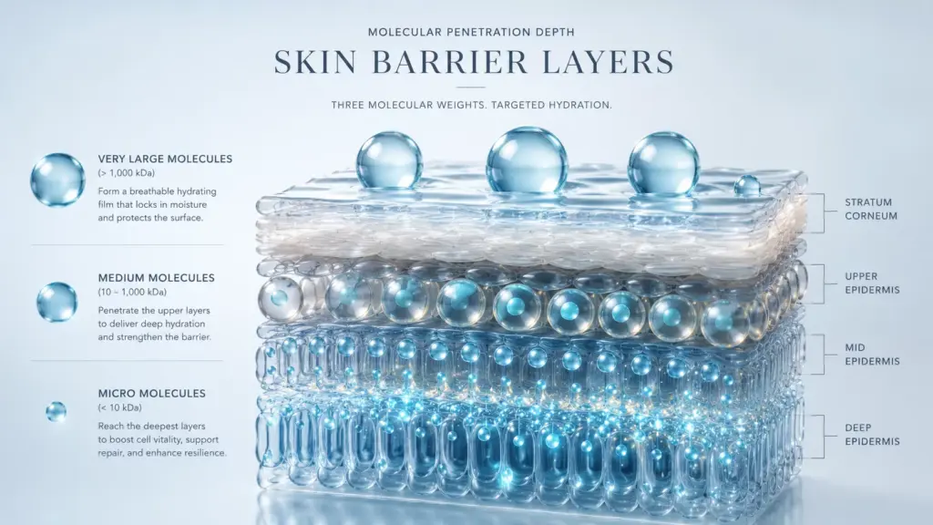 Is Your Hydration Backfiring? The Truth About Hyaluronic Acid Molecular Weight 3 A scientific diagram illustrating different levels of penetration based on the specific hyaluronic acid molecular weight in the epidermis.