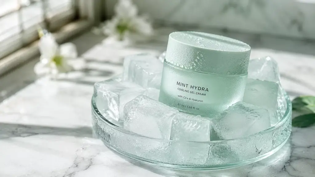 The June 2026 Heatwave Skincare Guide: How to Prevent a Total Summer Korean Skincare Routine Meltdown 2 A minimalist mint green moisturizer jar nested inside frosted ice cubes on a vanity, demonstrating a protective morning korean skincare routine.