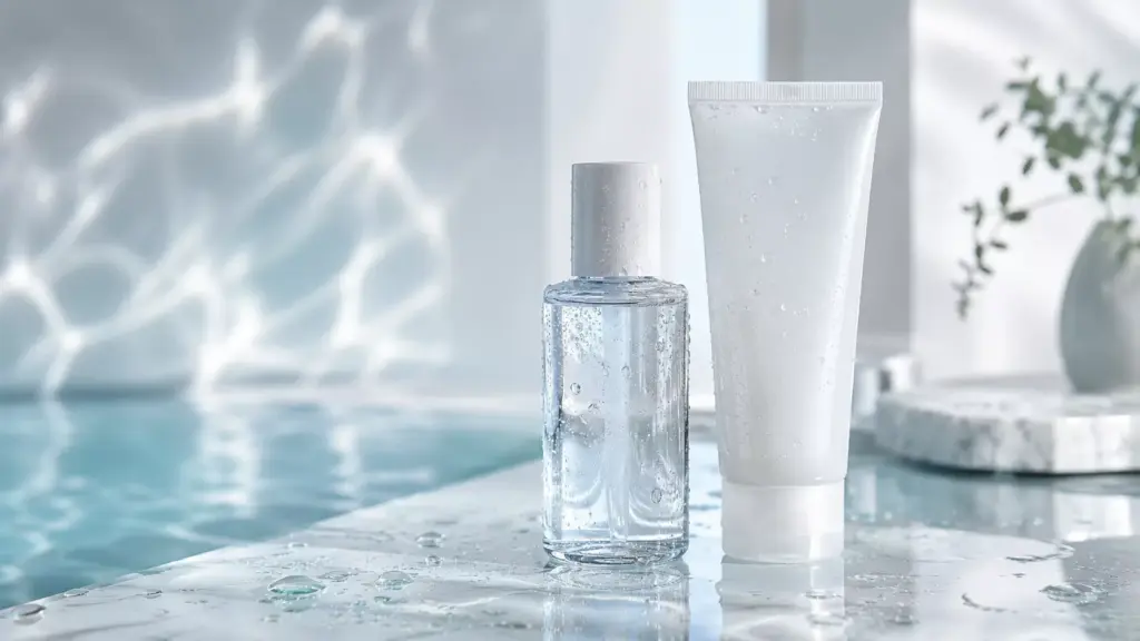 The Ultimate Korean Exfoliation Routine for Glass Skin: Slough Flakes Without Stripping 2 A gentle liquid PHA toner and a soothing peeling gel displayed beautifully for a non-stripping korean exfoliation routine, aiming for a flawless glass skin texture.