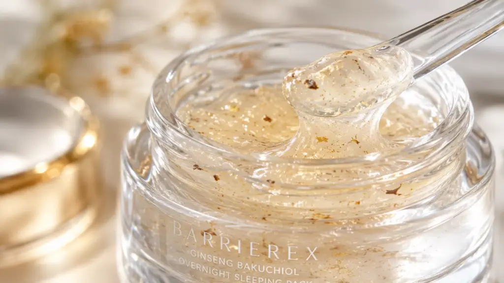 How to Get the Ultimate Korean Glass Skin Routine: Modern Overnight Trends 3 A luxurious close-up macro photography of a transparent, velvety, and hydrating overnight sleeping mask texture, essential for sealing in a korean glass skin routine.