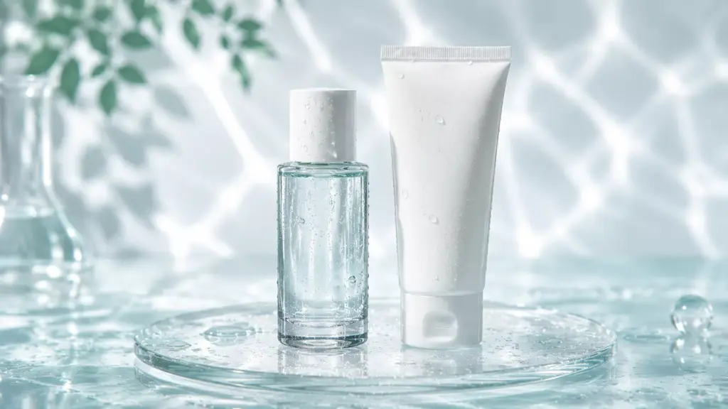 The Ultimate Korean Pore Minimizing Routine: Tighten Summer Sag Without Drying 2 A refreshing setup for a summer korean pore minimizing routine featuring cooling water-gel essences and botanical tannin toners on a dewy glass plate.