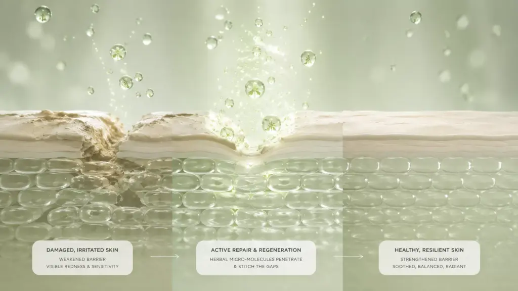 Emergency SOS Korean Skincare Routine: How to Calm a Broken Barrier in One Week 3 A clinical macro visualization showing botanical active molecules from a korean skincare routine gently stitching together damaged cellular tight junctions.