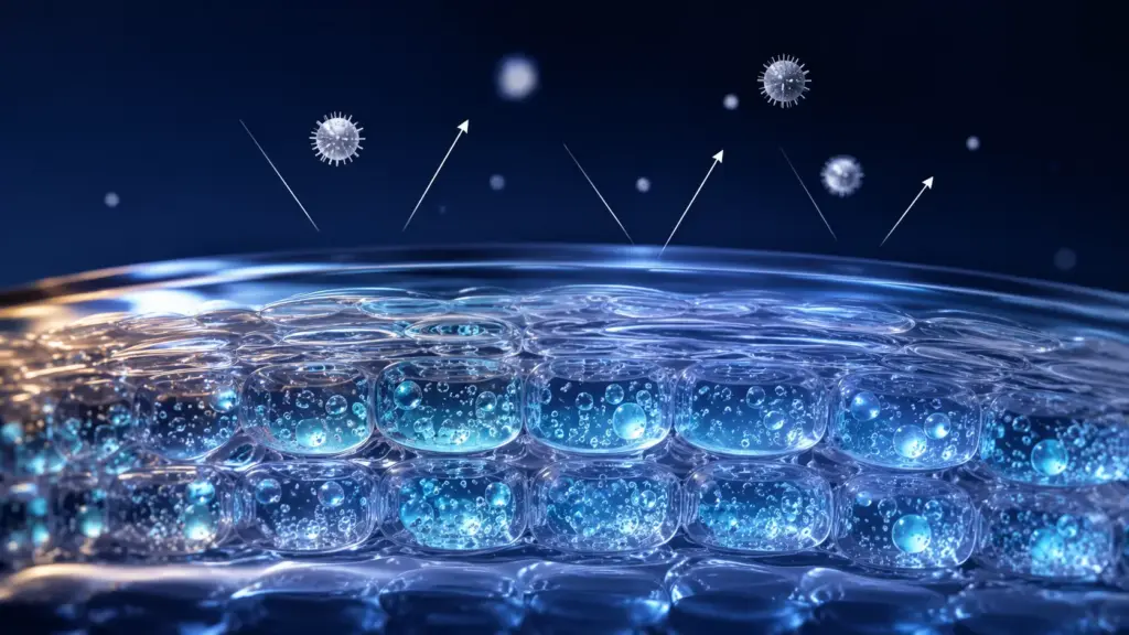 The Ultimate Nighttime Korean Skincare Routine: Lock in Moisture for Glass Skin 3 A clinical micro-layer illustration showing a cross-section of a healthy lipid barrier forming an occlusive shield, highlighting a strategic nighttime korean skincare routine.