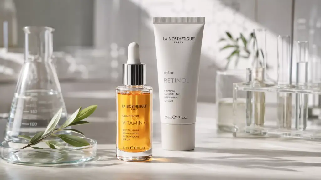 Can You Use Retinol and Vitamin C Together? A Scientist's Guide to Ingredient Pairing 2 A high-end laboratory setting demonstrating the molecular combination of retinol and vitamin c together for advanced skincare.