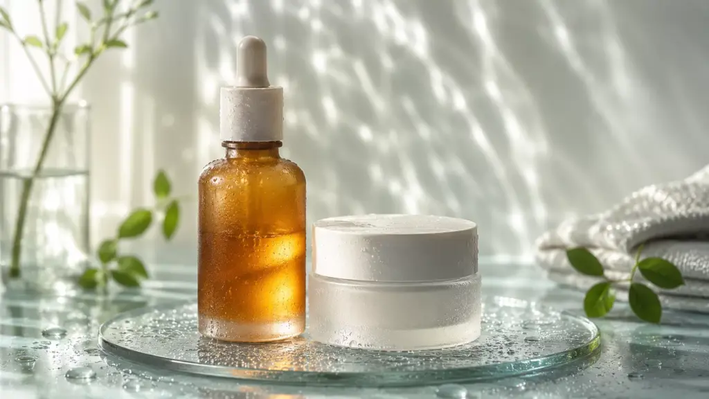 The Beginner’s Guide to a Retinol Korean Skincare Routine: Build Collagen Without Irritation 2 A minimalist premium Korean skincare set for an evening retinol Korean skincare routine, displaying a serum bottle on a clean, dewy glass surface with soft sunlight