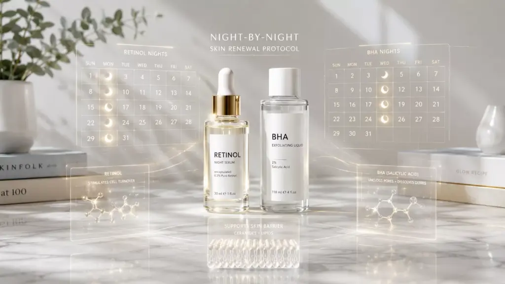 How to Get the Ultimate Skin Cycling Routine: Master Your Retinol and Exfoliation Schedule Without Irritation 2 A premium flat lay photography of iconic active skincare ingredients, illustrating a calculated night-by-night skin cycling routine schedule.