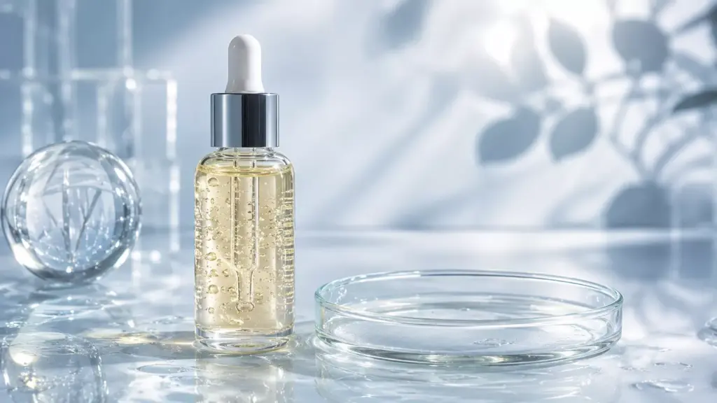The Beginner’s Guide to a Retinol Korean Skincare Routine: Build Collagen Without Irritation 3 A scientific yet aesthetic display of a mild liposome serum for a sensitive skin retinol Korean skincare routine, surrounded by calming botanical elements.