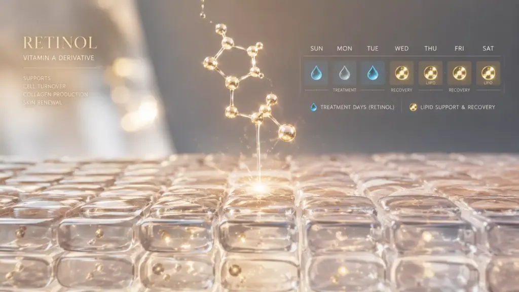 How to Get the Ultimate Skin Cycling Routine: Master Your Retinol and Exfoliation Schedule Without Irritation 3 A macro cosmetic science visual depicting how active molecules interact at a cellular level within a four-night skin cycling routine to manage cellular turnover and barrier health.