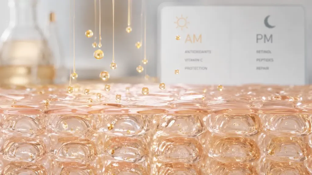 The Ultimate Skincare Routine Order: How to Layer Your Products for Maximum Glow 3 A cosmetic science macro visual demonstrating how small, active molecules (representing serums) penetrate deep cellular layers within a precise skincare routine order sequence.