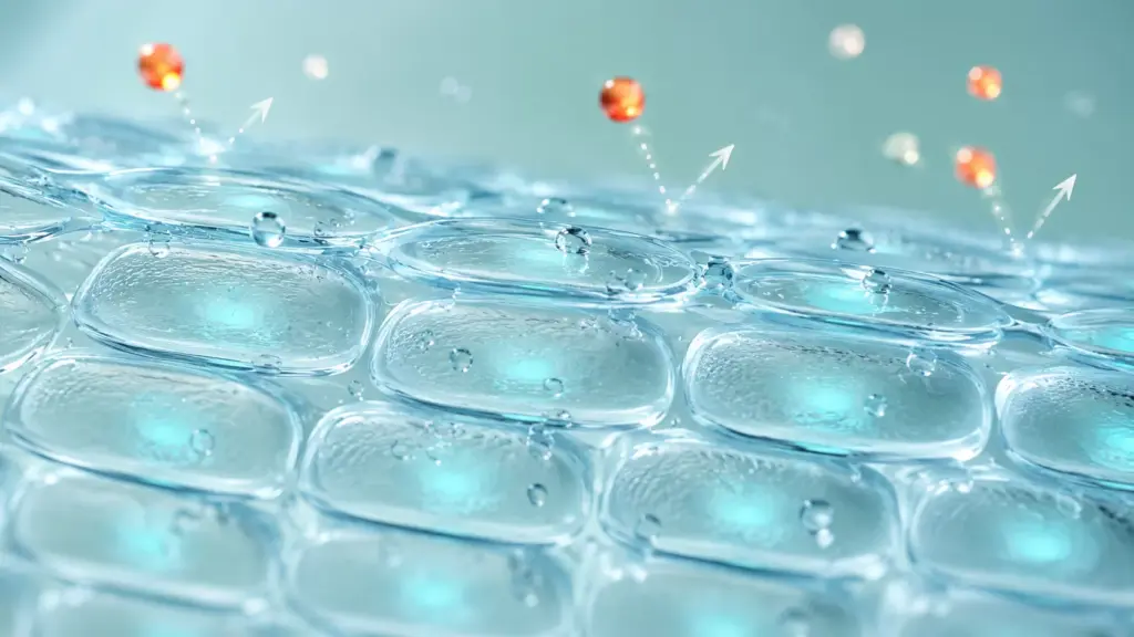 The June 2026 Heatwave Skincare Guide: How to Prevent a Total Summer Korean Skincare Routine Meltdown 3 A professional cosmetic science macro visualization showing an oil-free water network stabilizing a skin cell grid under a summer korean skincare routine.