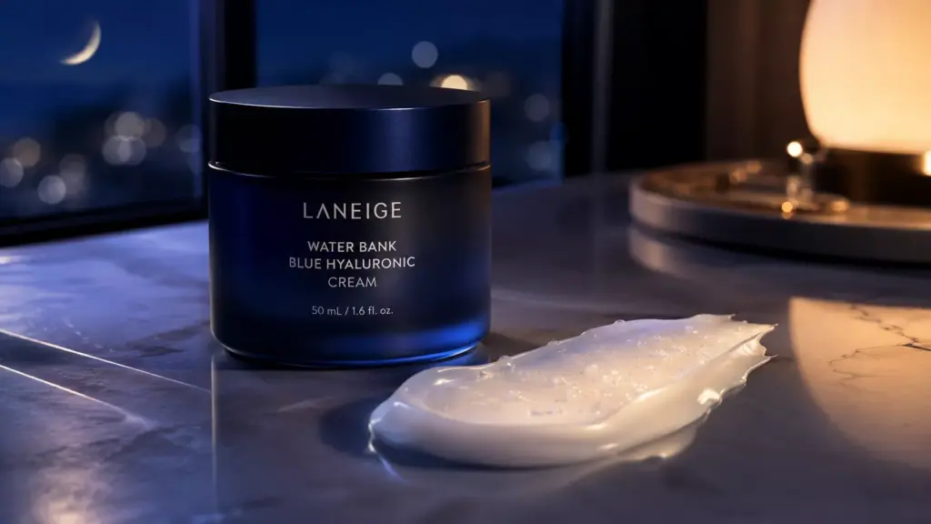 The Ultimate Nighttime Korean Skincare Routine: Lock in Moisture for Glass Skin 2 A luxury dark blue glass jar of overnight melting cream on a sleek vanity under soft midnight blue light, showing a dedicated nighttime korean skincare routine.