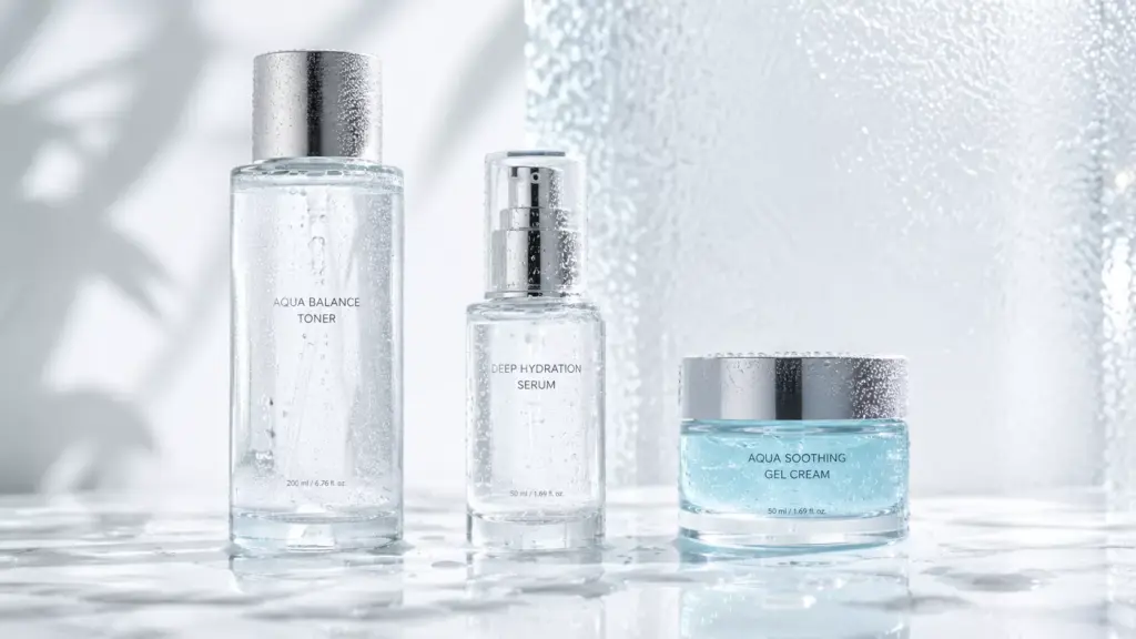 The Summer Skin Hydration Paradox: Why Your Skin Is Thirsty Even When It’s Sweating (And How to Fix It) 3 A minimalist arrangement of lightweight, watery K-beauty skincare products on a cool surface, optimized for weightless Summer Skin Hydration.