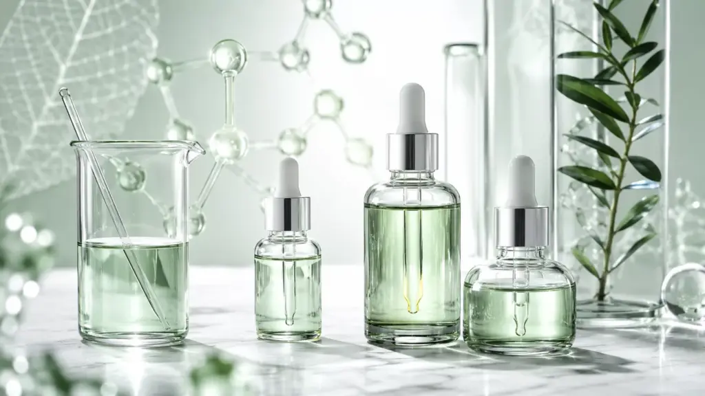 The Science of Cica: How Centella Asiatica Skin Science Heals a Damaged Barrier After Active Ingredients 2 A high-end laboratory glassware setup showcasing centella asiatica skin science with botanical extracts and molecule diagrams for skin barrier repair.