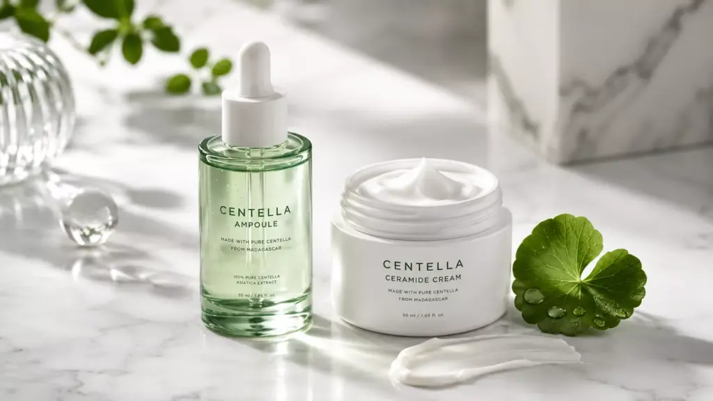 The Barrier Repair Duo: Why Combining Cica and Ceramides Is the Ultimate Reset for Irritated Skin 2 A photorealistic product close-up highlighting the powerful combination of Cica and Ceramides for damaged skin barrier restoration.