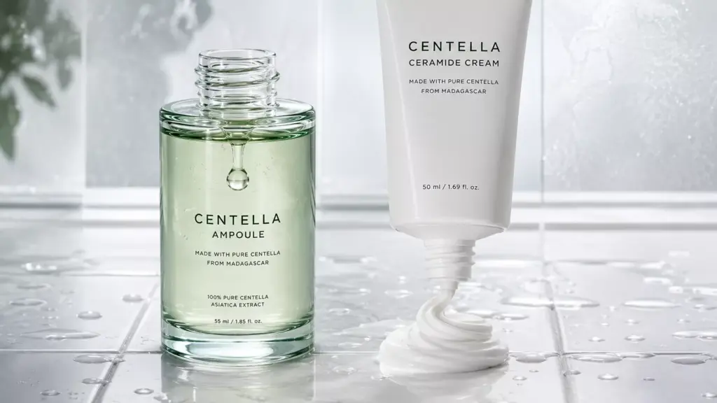 The Barrier Repair Duo: Why Combining Cica and Ceramides Is the Ultimate Reset for Irritated Skin 3 A minimalist display of lightweight watery essence and rich barrier cream showing how Cica and Ceramides work in harmony.