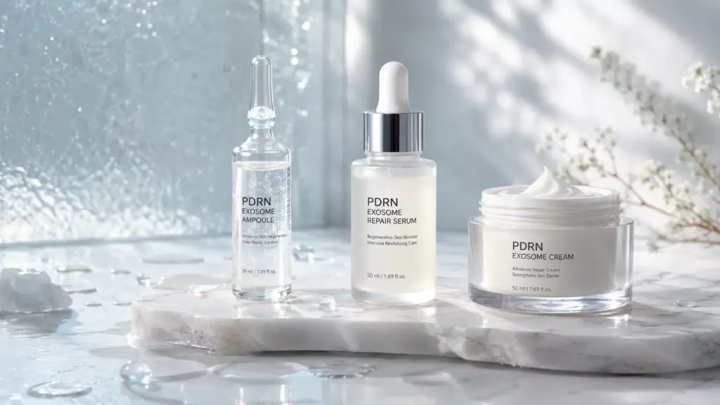 The PDRN and Exosome Revolution: The Molecular Science of K-Beauty’s Clinical Homecare Trend 3 A premium three-step K-beauty clinical homecare product lineup featuring a bio-advanced PDRN and Exosome routine arranged on a clean marble vanity.