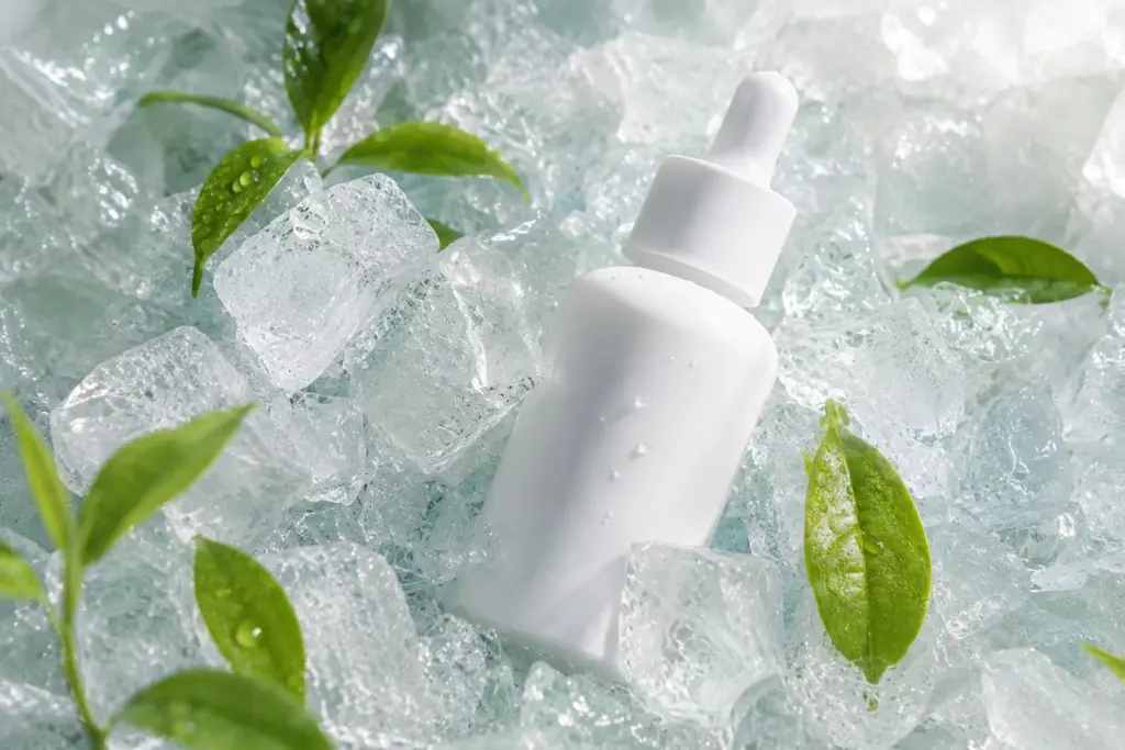 The Thermal Barrier Defense: Re-Engineering Your Heatwave Skincare Routine for Extreme Heatwaves 2 A cooling heatwave skincare routine featuring a minimalist serum bottle nestled in crushed ice to combat thermal stress.