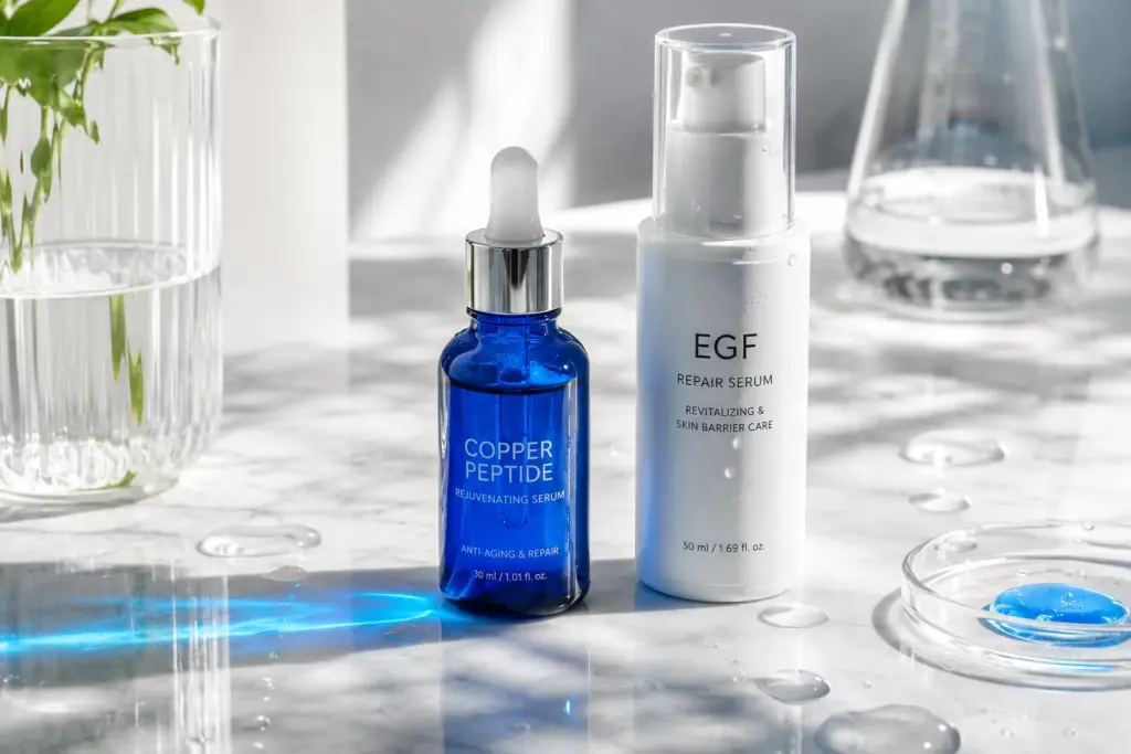 Deep Tissue Regeneration: Why Combining Copper Peptides and EGF Is the Ultimate Skin Architecture Protocol 2 Aesthetic luxury skincare bottles illustrating the synergistic application of Copper Peptides and EGF for deep tissue repair.