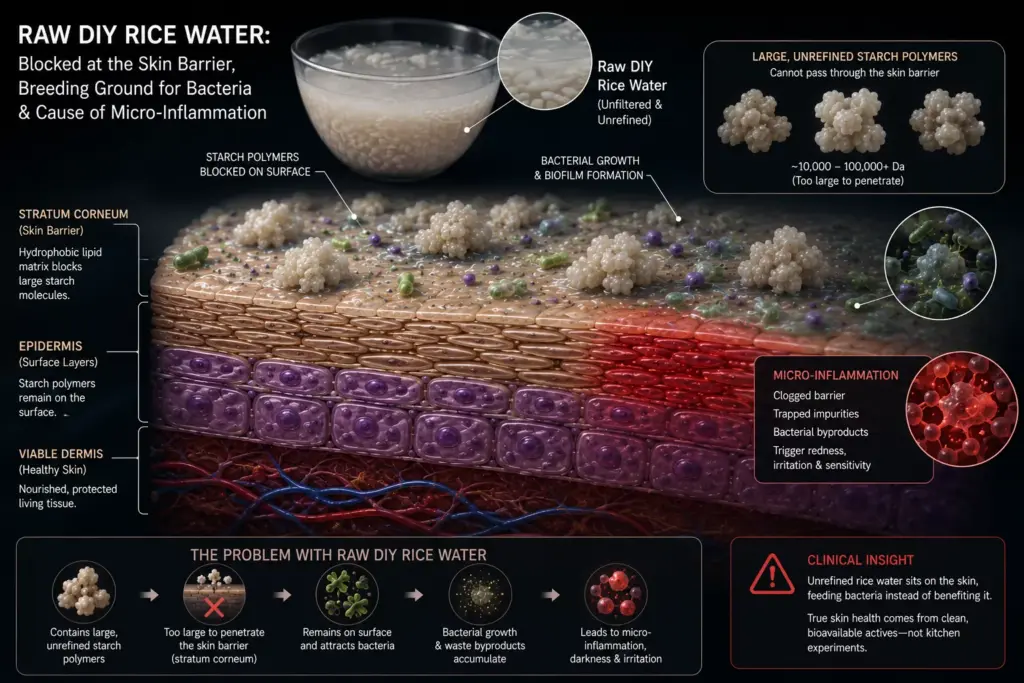 The Radiant Rice Veil: How to Build a Modern Korean Rice Water Skincare Routine for Glass Skin 2 A medical diagram showing why raw DIY home brews fail compared to a refined Korean Rice Water Skincare Routine, highlighting starch polymers blocked at the stratum corneum.