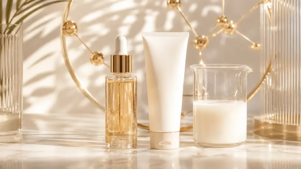 A luxurious laboratory vanity with a cleansing oil and a low-pH cleanser, demonstrating the scientific double cleansing method.