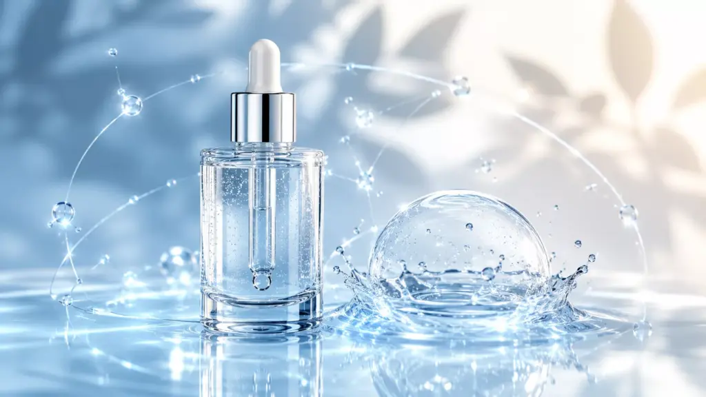 The Stress Shield: How Ectoin Skin Science Protects Against Summer Climate Friction 2 A futuristic, high-tech cosmetic setting highlighting ectoin skin science with a glowing protective water dome shield.