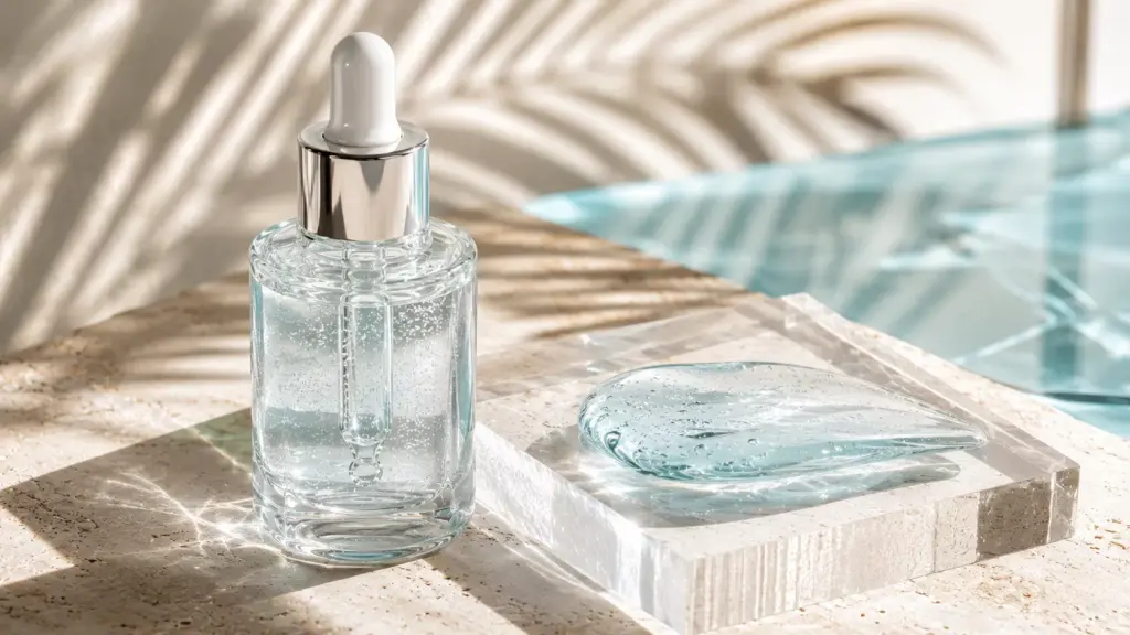The Stress Shield: How Ectoin Skin Science Protects Against Summer Climate Friction 3 A clean-girl aesthetic summer vanity featuring a weightless aquamarine gel texture, illustrating ectoin skin science.