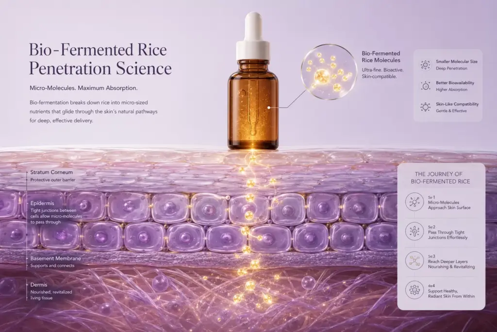 The Radiant Rice Veil: How to Build a Modern Korean Rice Water Skincare Routine for Glass Skin 3 An advanced dermacosmetic infographic demonstrating the molecular absorption of a fermented Korean Rice Water Skincare Routine into the deeper epidermal layers.
