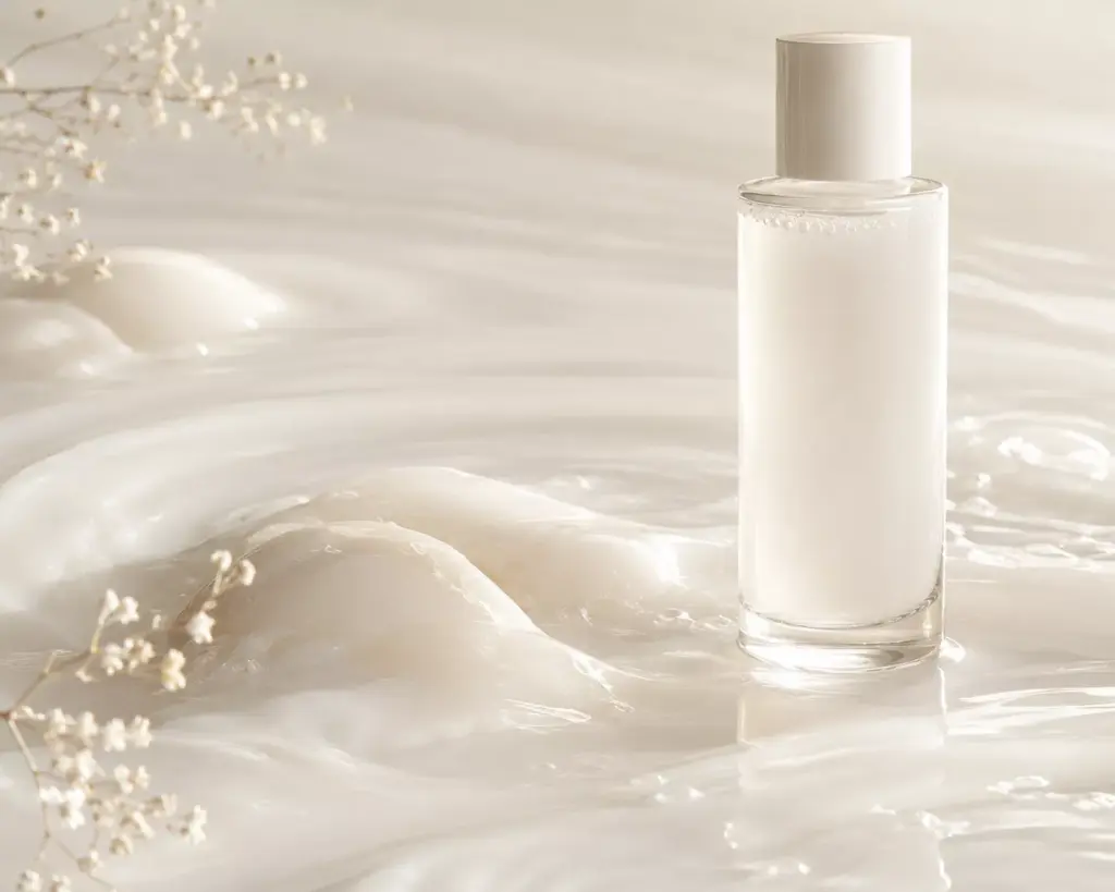 The Glazed Milk Skin Trend: The Science of Layering K-Beauty Milky Toners for Radiant Skin 2 A beautiful aesthetic showing glazed milk skin glow with a translucent milky toner bottle on a reflective white liquid surface.