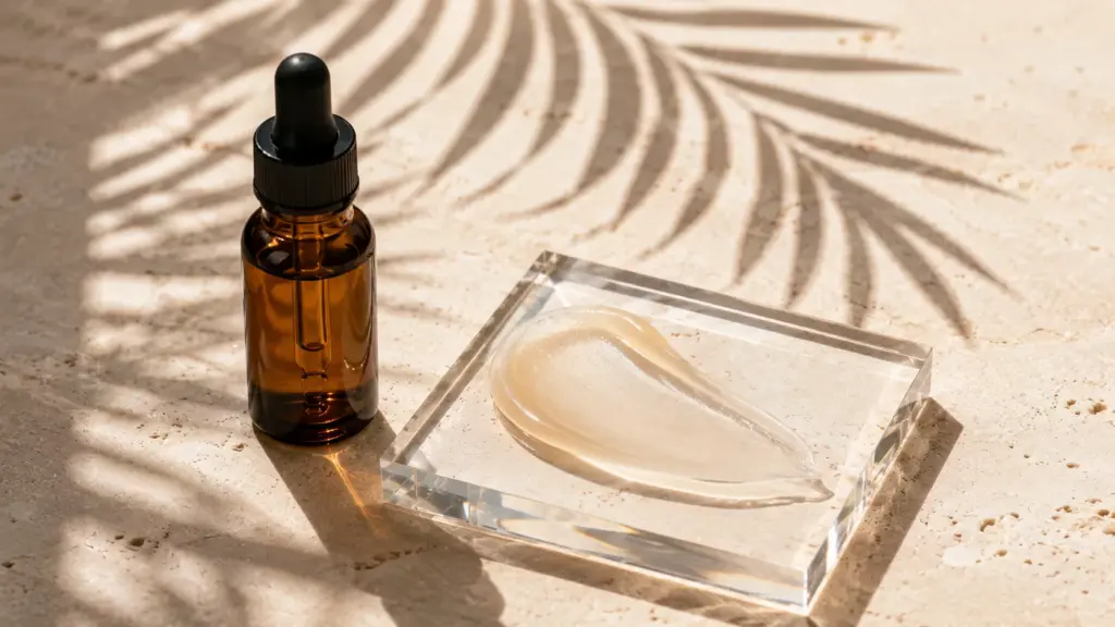 The Cellular Brightener: How Glutathione Skin Science Reverses Radical Dark Spots 3 A minimalist summer vanity showcasing an amber glass dropper bottle and a weightless satin fluid texture, illustrating Glutathione Skin Science.