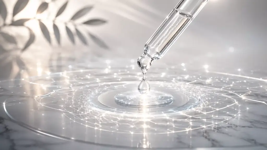 The Cellular Brightener: How Glutathione Skin Science Reverses Radical Dark Spots 2 A premium scientific skincare setting highlighting Glutathione Skin Science with a crystal-clear serum and glowing cellular matrix elements.