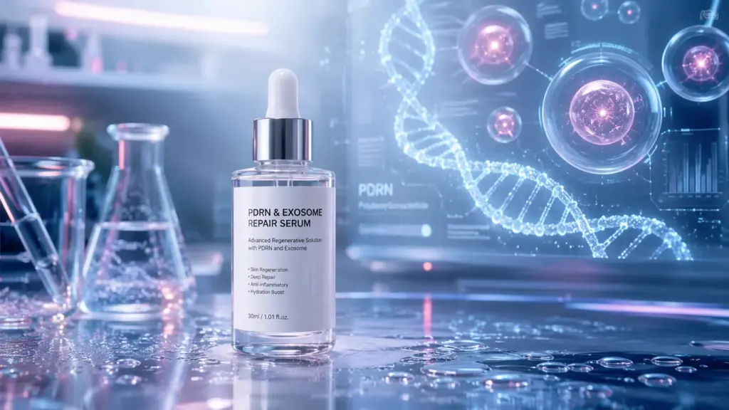 The PDRN and Exosome Revolution: The Molecular Science of K-Beauty’s Clinical Homecare Trend 2 A photorealistic, high-tech clinical skincare bottle highlighting advanced PDRN and Exosome cellular regeneration technology for glowing glass skin.