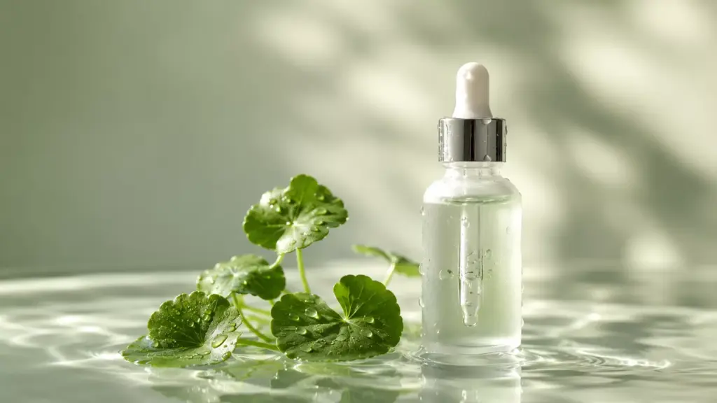 The Science of Cica: How Centella Asiatica Skin Science Heals a Damaged Barrier After Active Ingredients 3 A luxury K-beauty serum bottle placed next to fresh Gotu Kola leaves, representing centella asiatica skin science for soothing damaged skin.