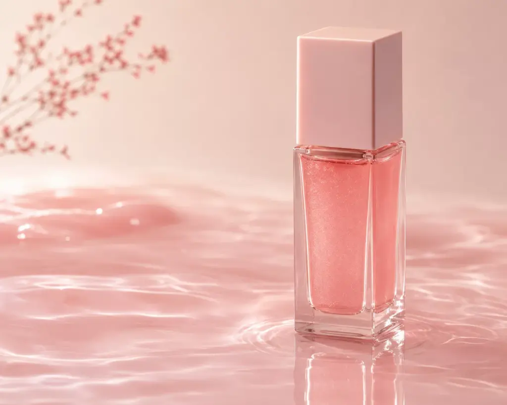 The Korean Watercolor Blush Trend: How to Achieve Translucent Layering Without Sebum Dullness 2 An aesthetic beauty setup illustrating the viral Korean Watercolor Blush trend with a sheer liquid blush bottle on a glossy pink surface.