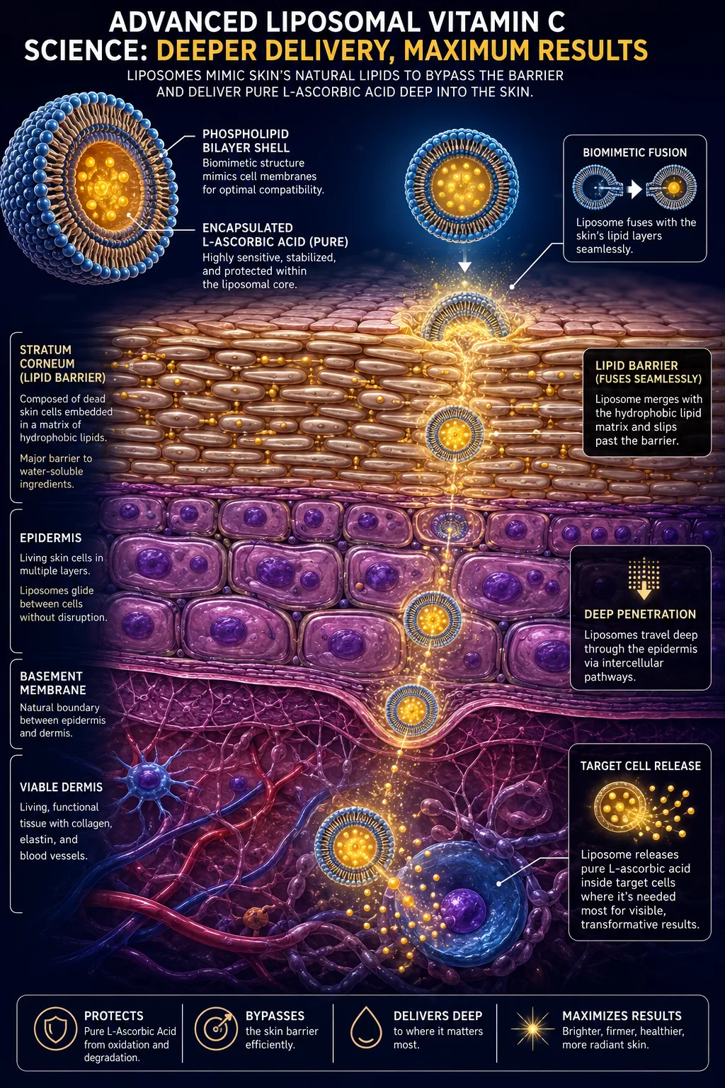 The Penetration Matrix: How Liposomal Vitamin C Skin Science Rewrites Epidermal Delivery 3 An illustrative diagram demonstrating advanced liposomal vitamin C skin science wherein nano-sized phospholipid vesicles fuse with the epidermal lipid matrix for deep dermal delivery.