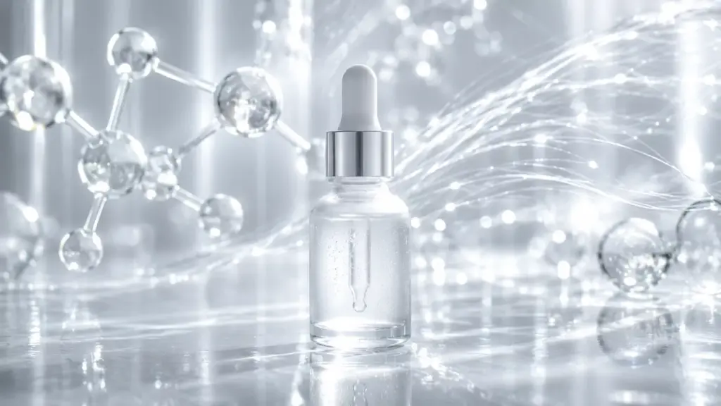 The Power of Layering: How Niacinamide Skin Science Amplifies Your Active Skincare Routine 2 A premium clinical laboratory background illustrating niacinamide skin science with a glowing transparent serum bottle and abstract barrier molecular structures.