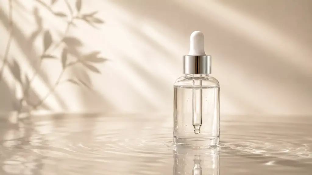 The Power of Layering: How Niacinamide Skin Science Amplifies Your Active Skincare Routine 3 A luxury skincare setup showcasing a lightweight serum bottle next to hydrating water elements, representing niacinamide skin science for routine layering.
