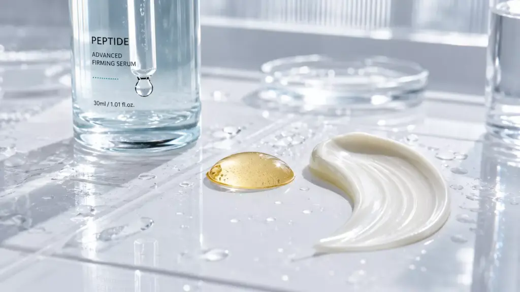 The Collagen Matrix Synergy: Why Pairing Peptides and Retinol Is the Ultimate Anti-Aging Powerhouse 3 A minimalist skincare arrangement illustrating how to layer Peptides and Retinol for optimal skin density and hydration.