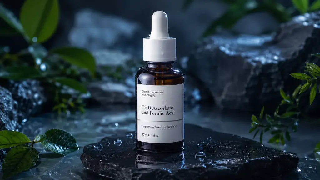 Botanical Renewal: Why Phyto-Retinol and Ceramide Complex Is the Ultimate Nighttime Protocol for Compromised Skin 2 A luxurious dark amber glass dropper bottle of a soothing night serum formulated with Phyto-Retinol and Ceramide Complex on a damp slate tile.