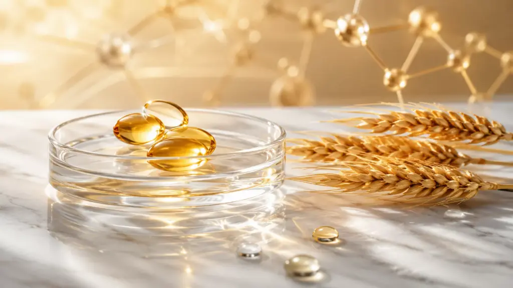 The Molecular Truth: How Phytoceramides Skin Science Hydrates from Within 2 A luxury cosmetic laboratory setting highlighting phytoceramides skin science with organic wheat stalks and glowing golden lipid capsules.