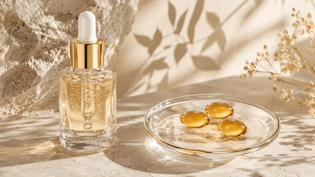 The Molecular Truth: How Phytoceramides Skin Science Hydrates from Within 3 A clean-girl aesthetic vanity showcasing a luxury skincare serum and golden supplement capsules, representing phytoceramides skin science.