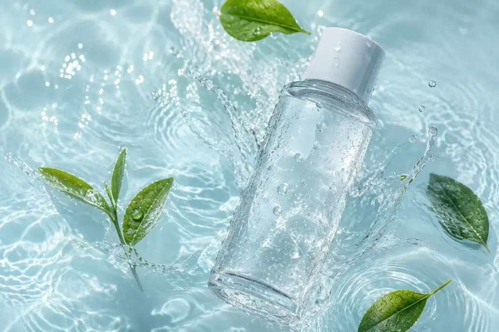 A refreshing skin flooding routine visual with pure water splashes hydrating a minimalist clear glass toner bottle.