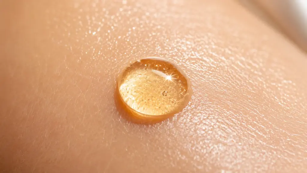 Lipid-Soluble Radiance: Why THD Ascorbate and Ferulic Acid Is the Ultimate Antioxidant Protocol for Sensitive Skin 3 A detailed close-up of a single golden drop of the THD Ascorbate and Ferulic Acid protocol resting gently on flawlessly hydrated sensitive skin, illustrating deep absorption.